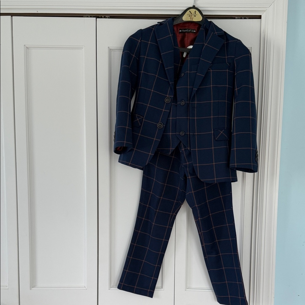 Boys Navy Windowpane Suit Jacket & Pants Set